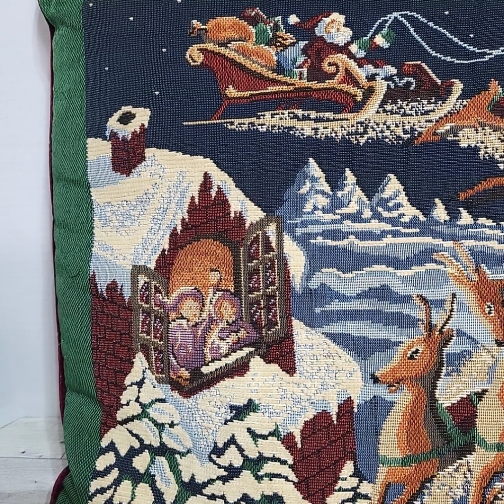 Vintage Christmas‎ Santa With Flying Reindeer Tapestry Pillow 16”x 16